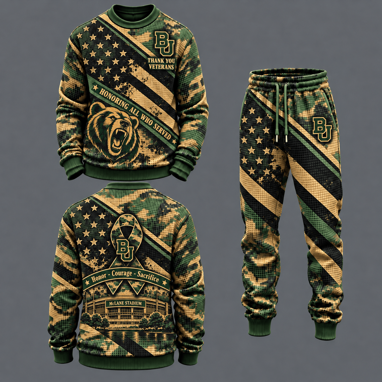 Baylor Bears Military Camo Waffle Knit Sweatshirt and Jogger Pants Set