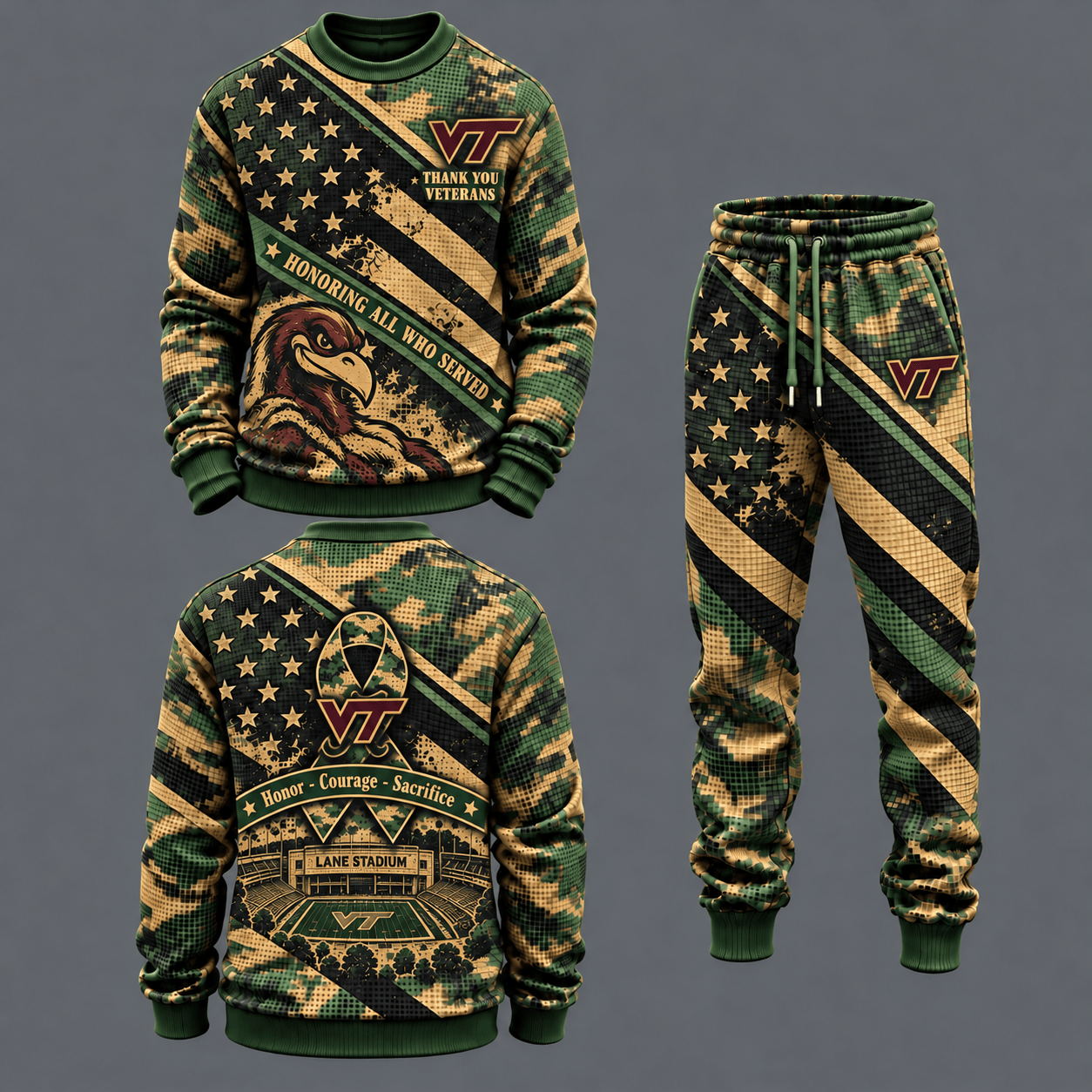 Virginia Tech Hokies Military Camo Waffle Knit Sweatshirt and Jogger Pants Set