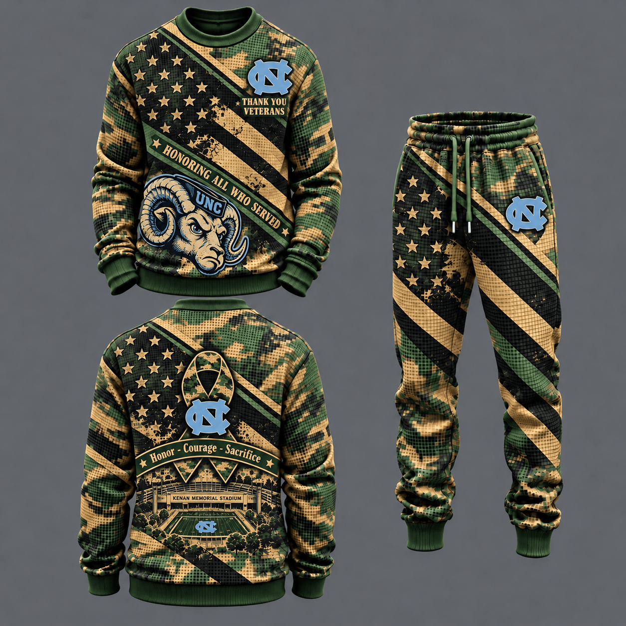 North Carolina Tar Heels Military Camo Waffle Knit Sweatshirt and Jogger Pants Set