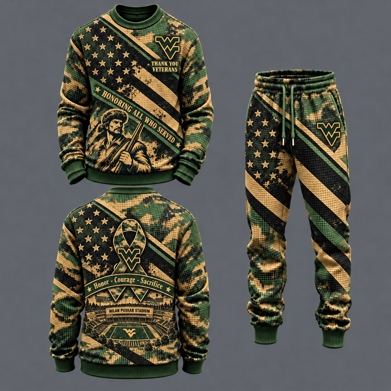 West Virginia Mountaineers Military Camo Waffle Knit Sweatshirt and Jogger Pants Set