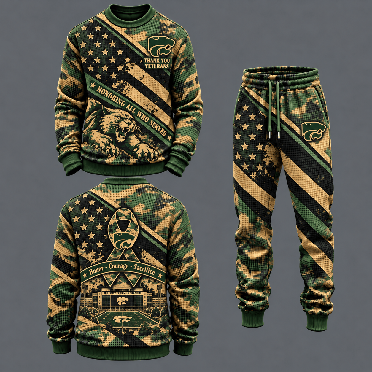 Kansas State Wildcats Military Camo Waffle Knit Sweatshirt and Jogger Pants Set