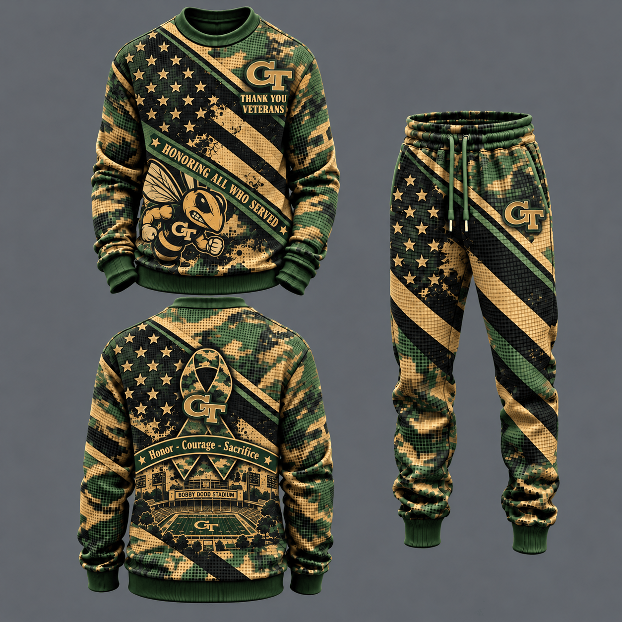 Georgia Tech Yellow Jackets Military Camo Waffle Knit Sweatshirt and Jogger Pants Set