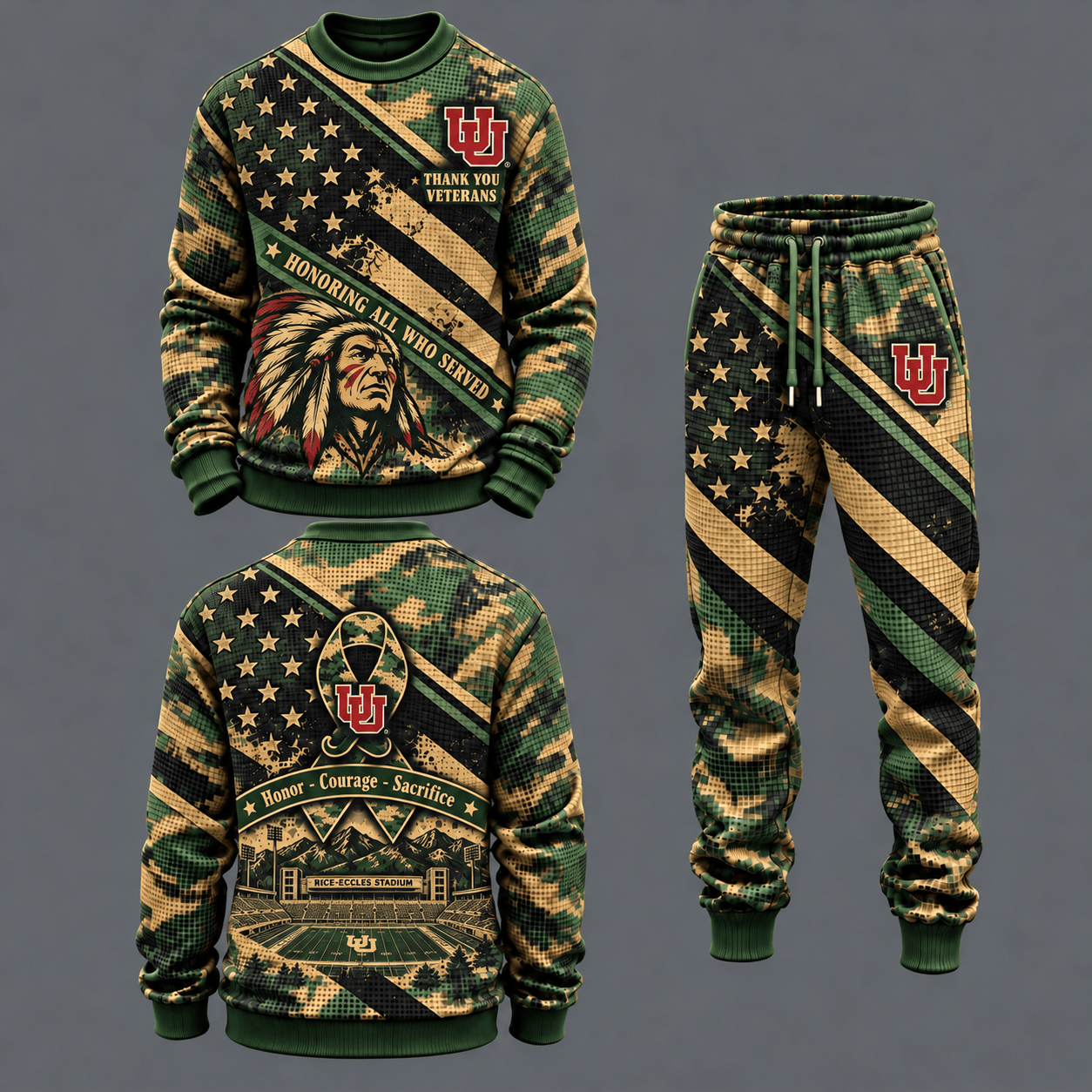 Utah Utes Military Camo Waffle Knit Sweatshirt and Jogger Pants Set