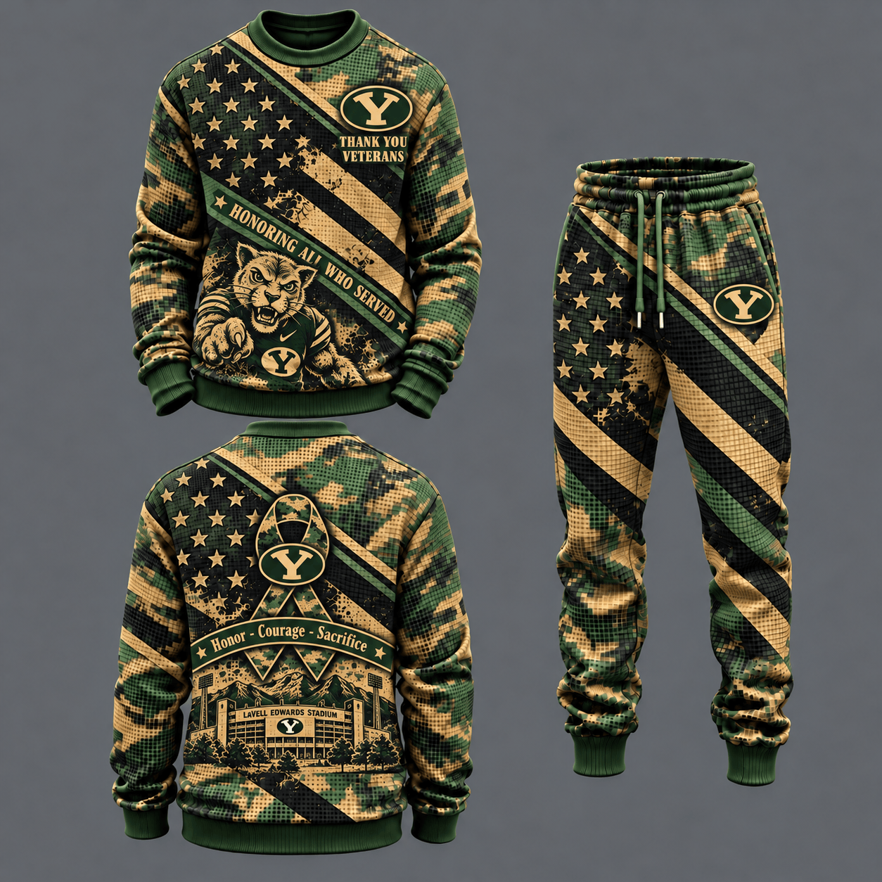 BYU Cougars Military Camo Waffle Knit Sweatshirt and Jogger Pants Set