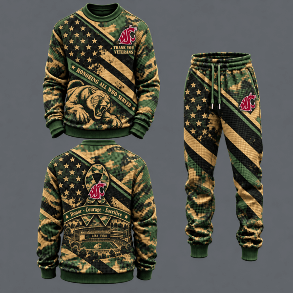 Washington State Cougars Military Camo Waffle Knit Sweatshirt and Jogger Pants Set