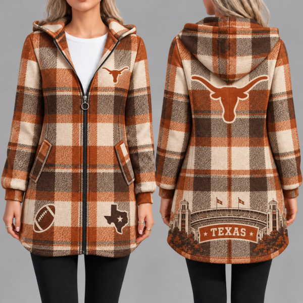Texas Longhorns Vintage Plaid Hooded Coat – Women's Longline Zip-Up Football Fan Jacket