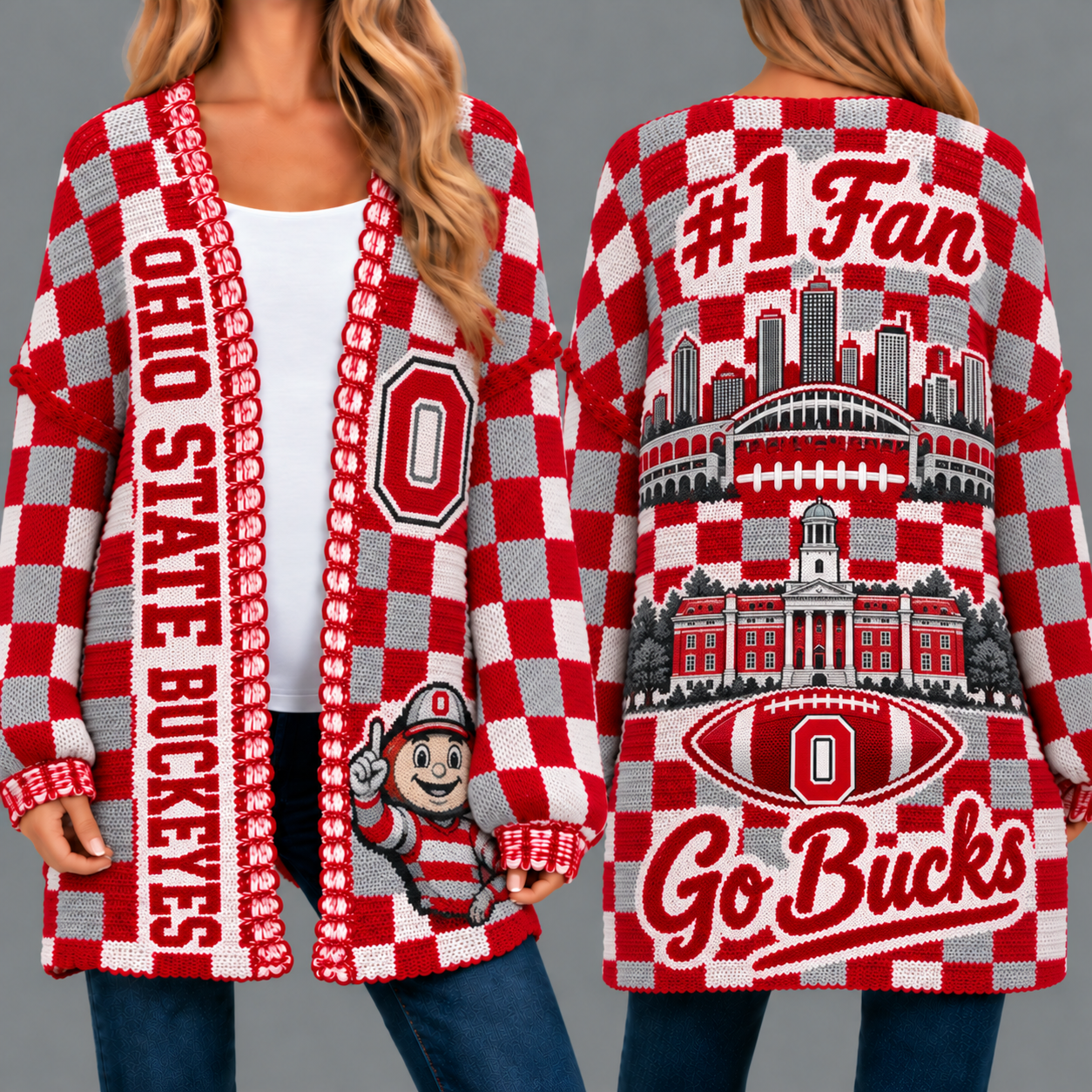 Ohio State Buckeyes Football Checkered Knitted Cardigan