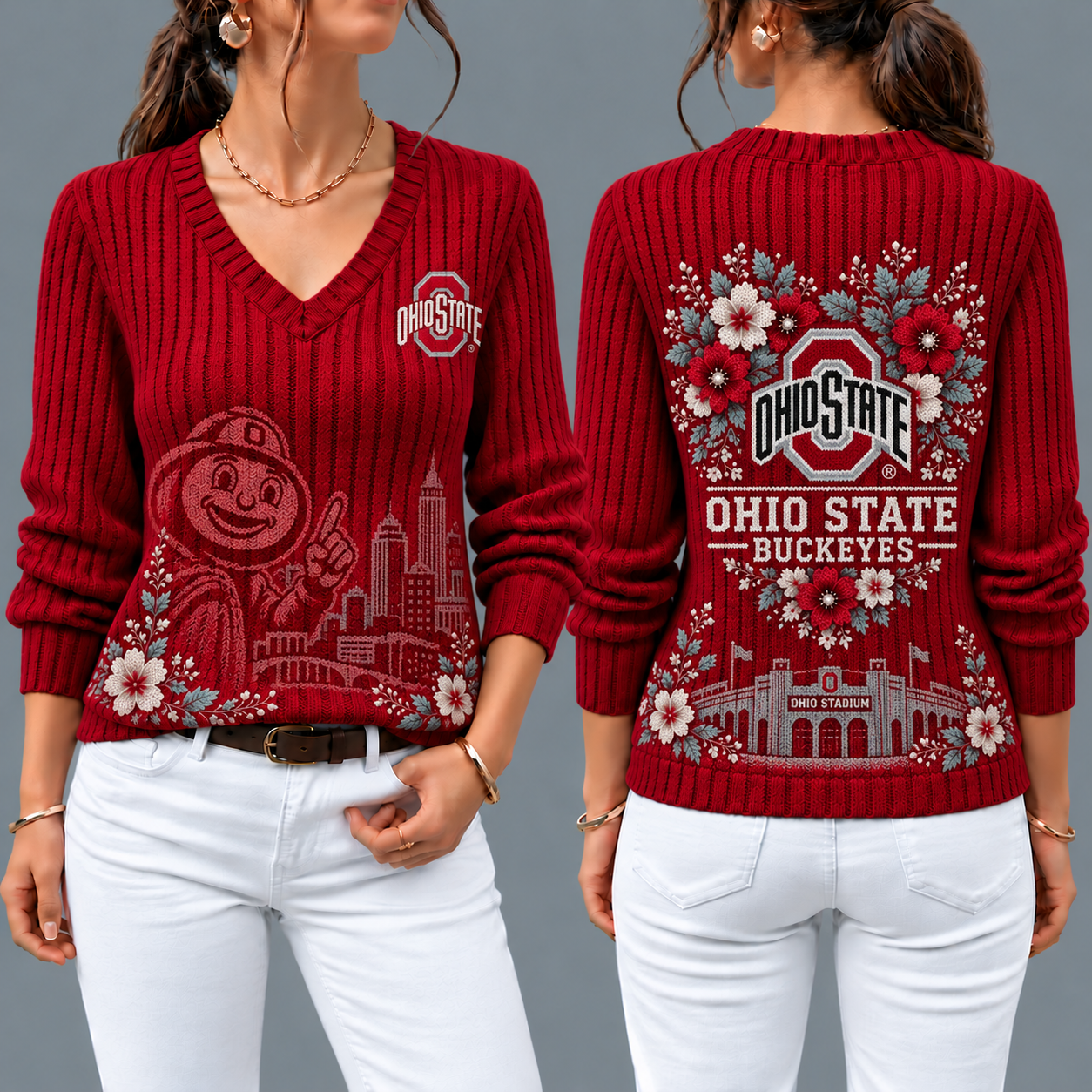 Ohio State Buckeyes Flower Women's V-neck Sweater