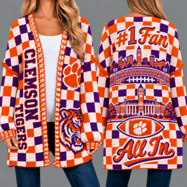 Clemson Tigers Football Checkered Knitted Cardigan