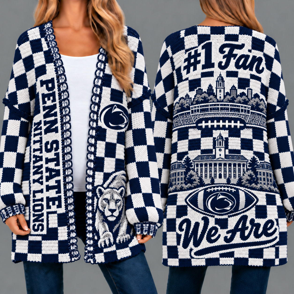 Penn State Nittany Lions Football Checkered Knitted Cardigan