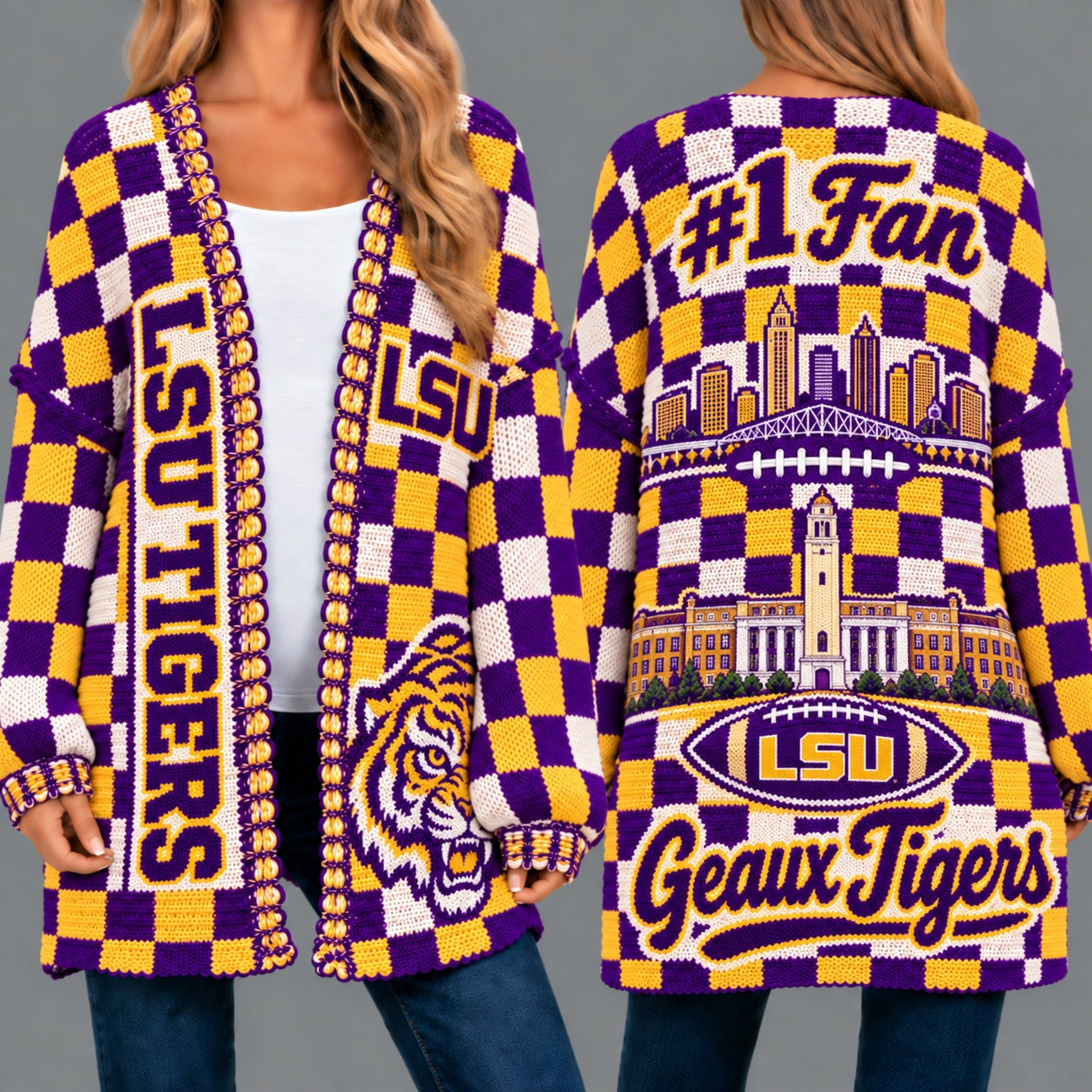 LSU Tigers Football Checkered Knitted Cardigan