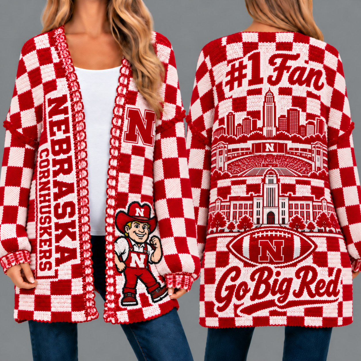 Nebraska Cornhuskers Football Checkered Knitted Cardigan