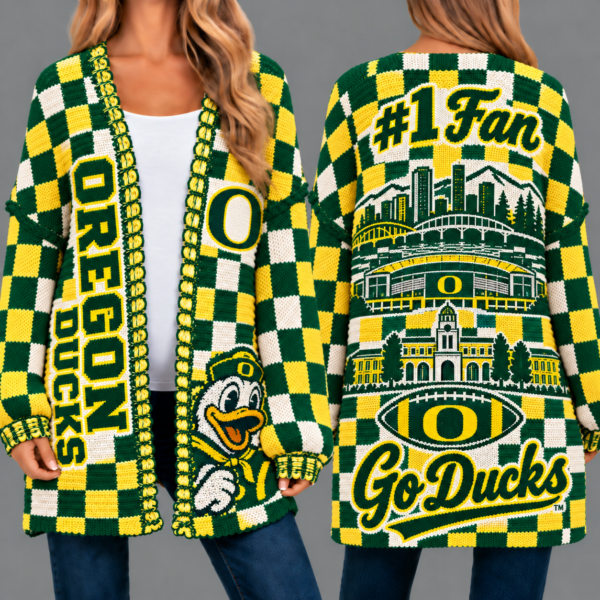 Oregon Ducks Football Checkered Knitted Cardigan