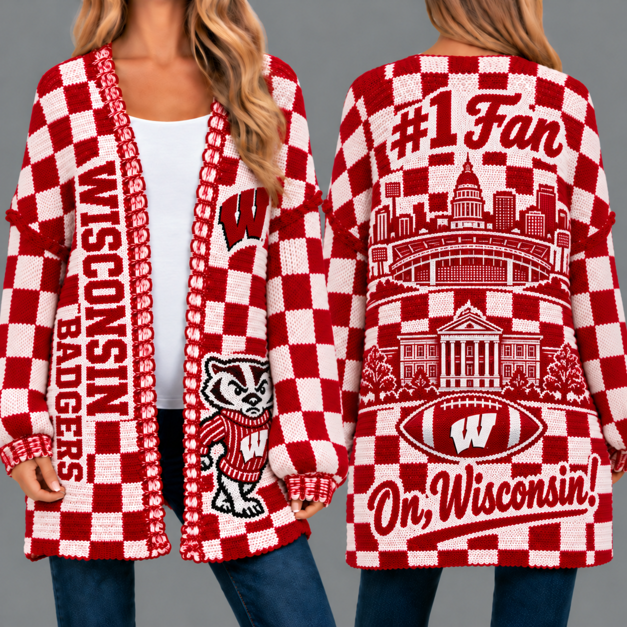 Wisconsin Badgers Football Checkered Knitted Cardigan