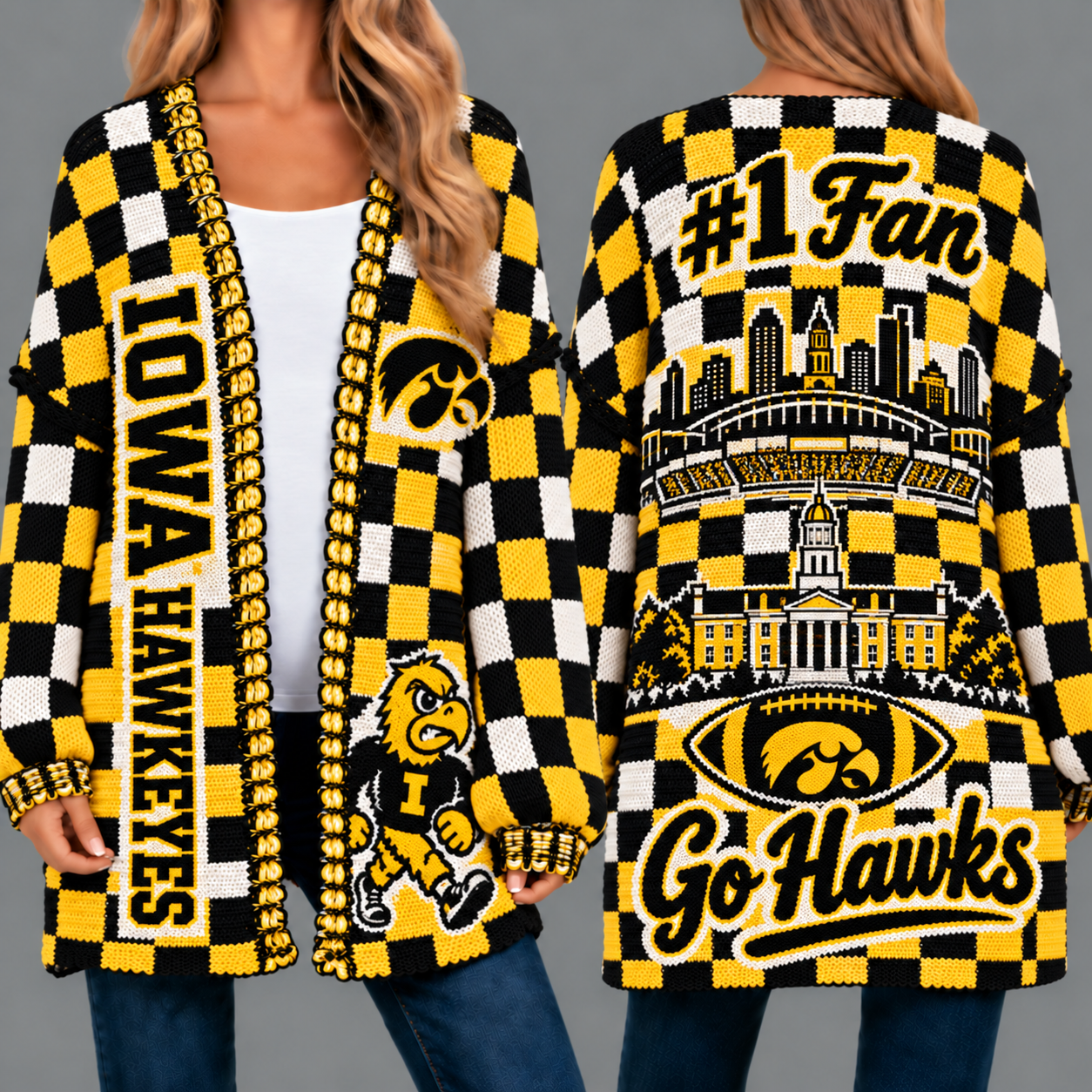 Iowa Hawkeyes Football Checkered Knitted Cardigan