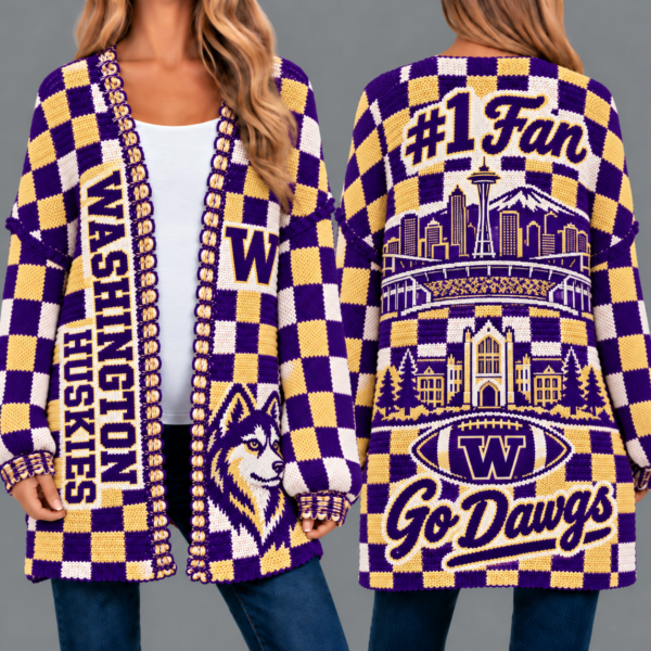 Washington Huskies Football Checkered Knitted Cardigan