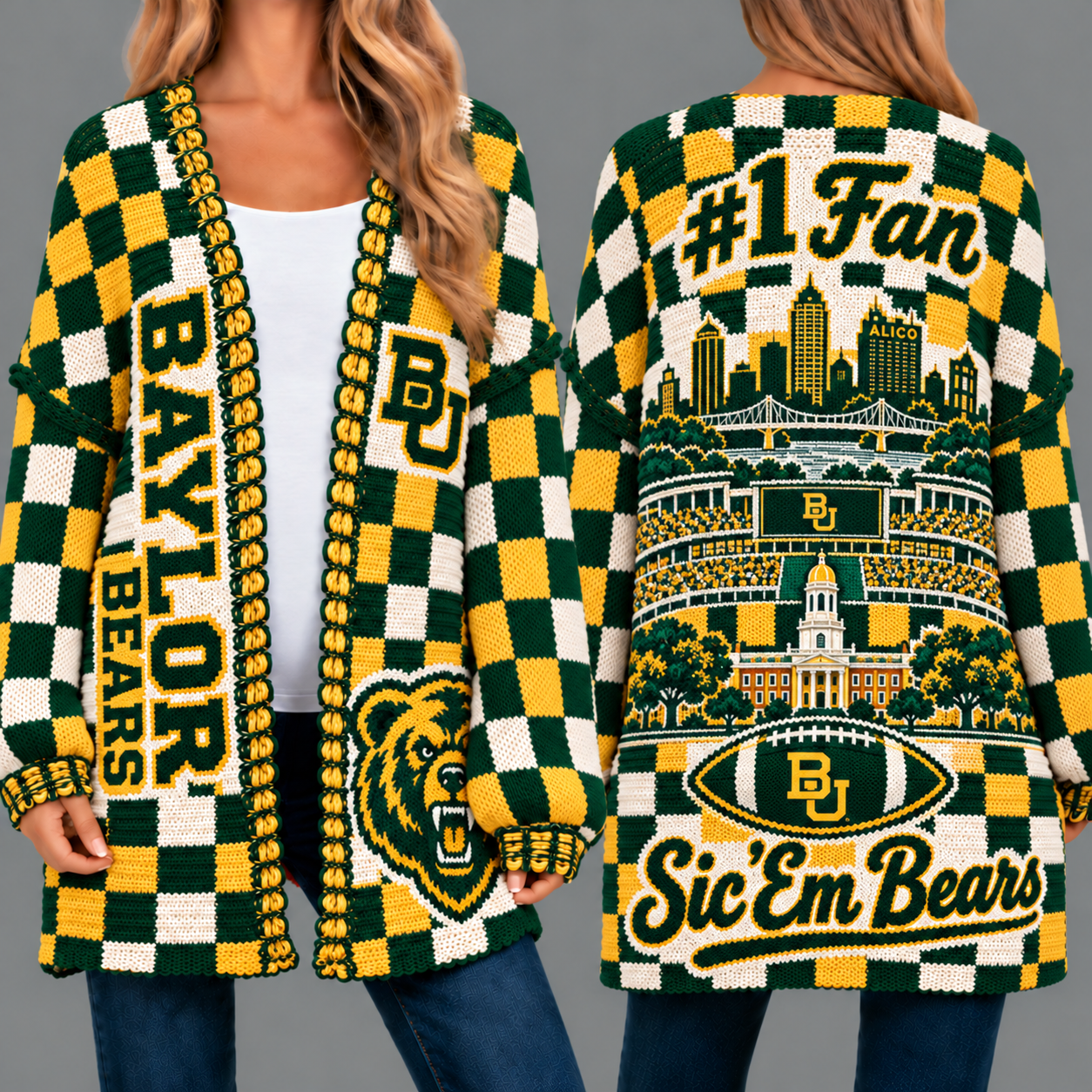 Baylor Bears Football Checkered Knitted Cardigan