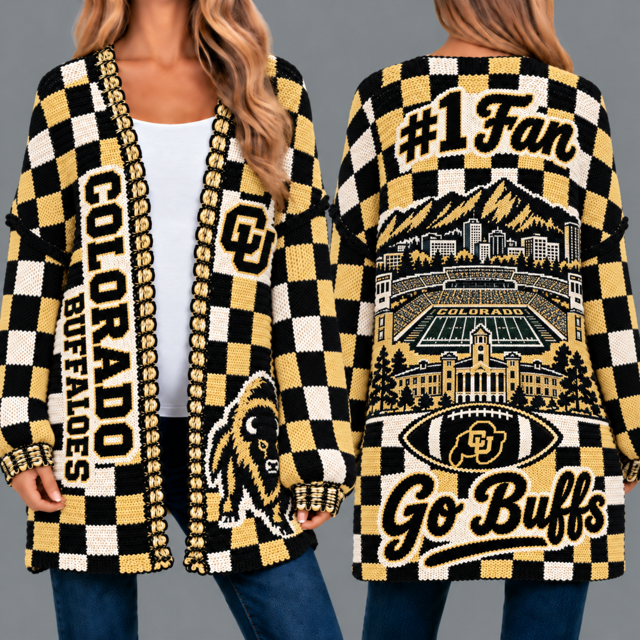 Colorado Buffaloes Football Checkered Knitted Cardigan