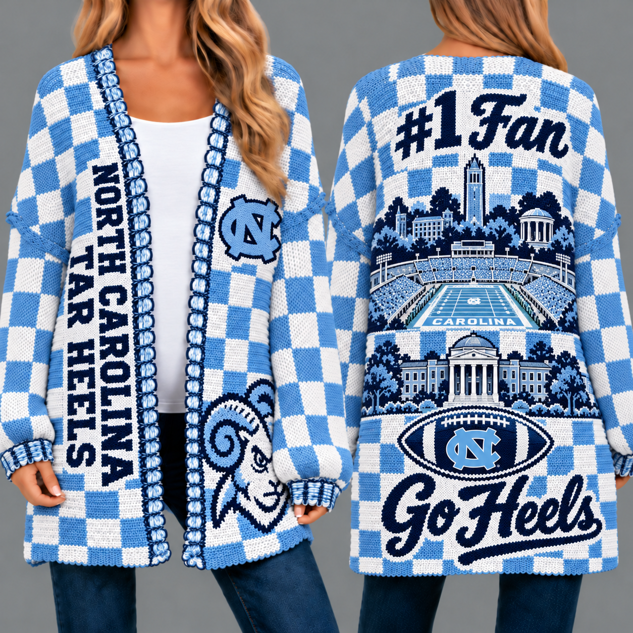 North Carolina Tar Heels Football Checkered Knitted Cardigan