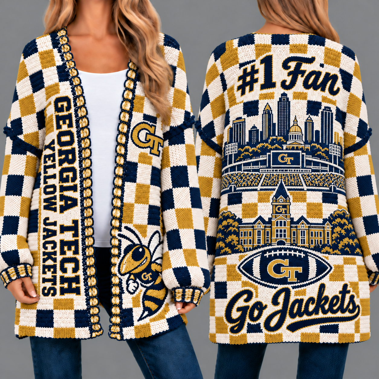 Georgia Tech Yellow Jackets Football Checkered Knitted Cardigan