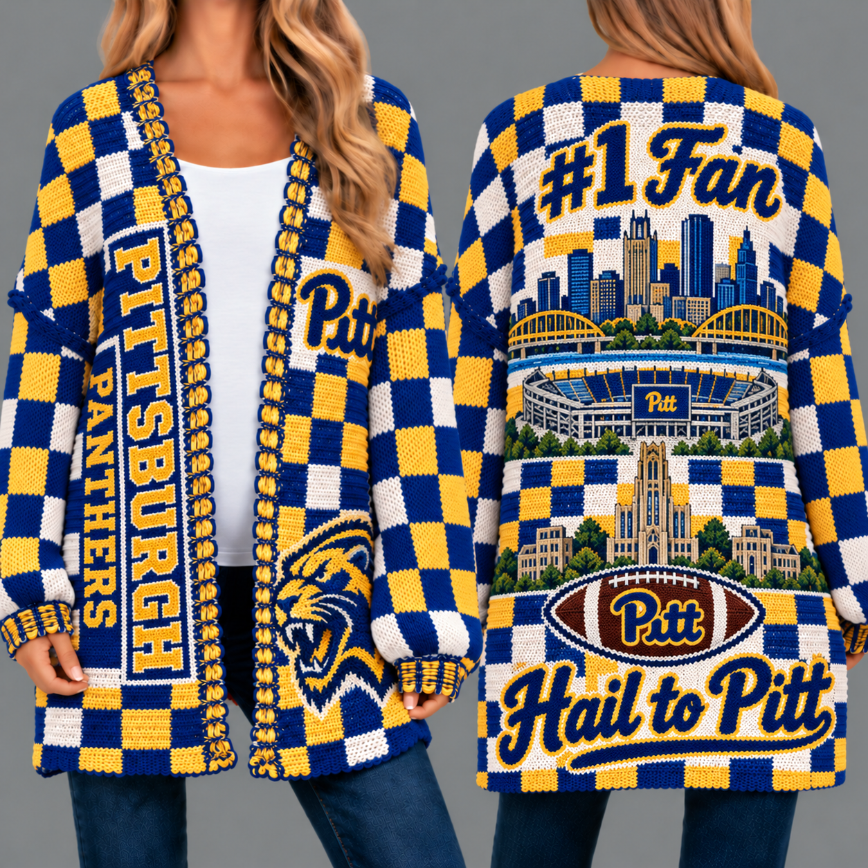 Pittsburgh Panthers Football Checkered Knitted Cardigan