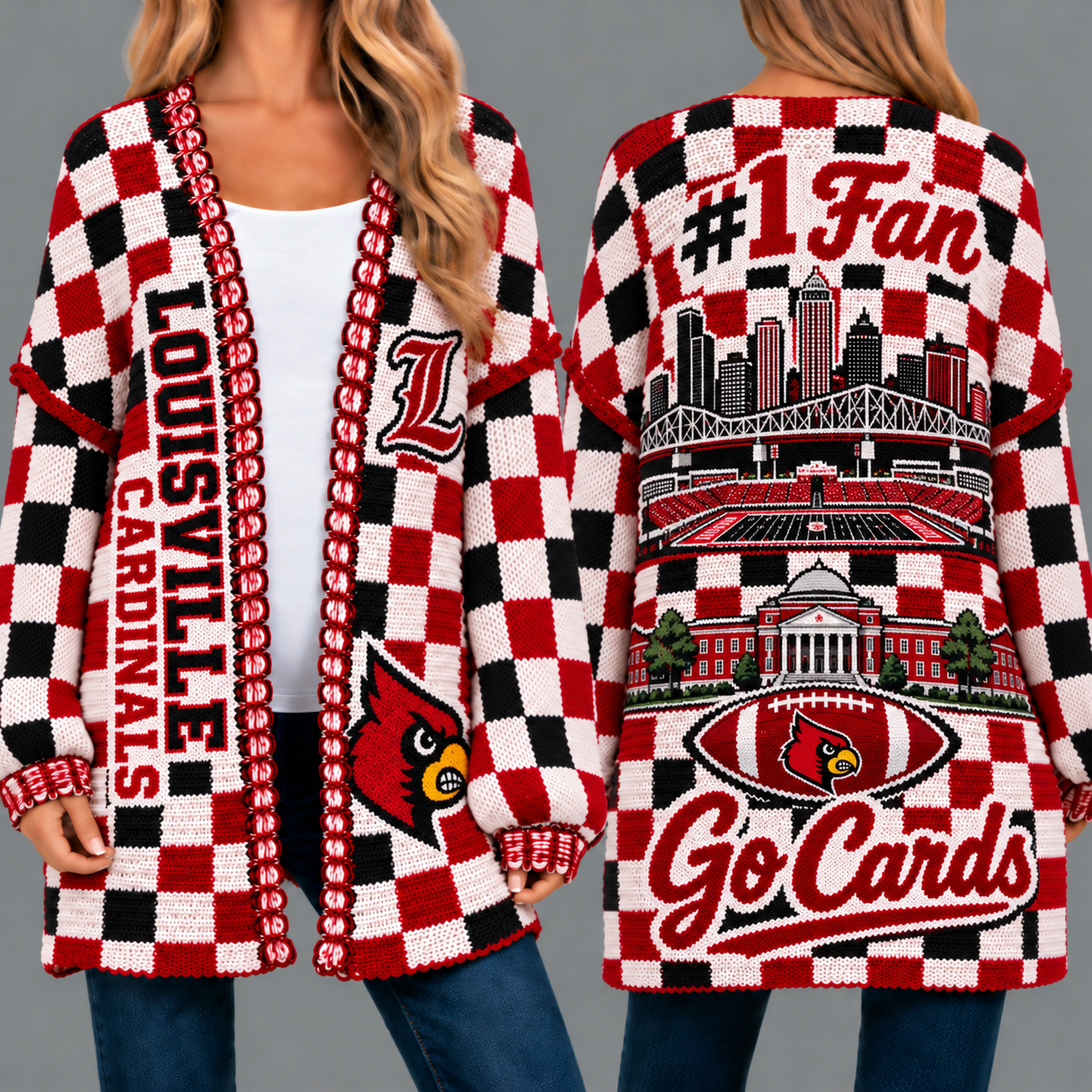 Louisville Cardinals Football Checkered Knitted Cardigan