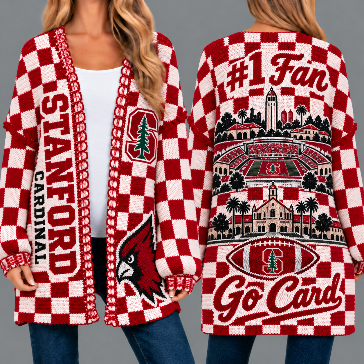 Stanford Cardinal Football Checkered Knitted Cardigan