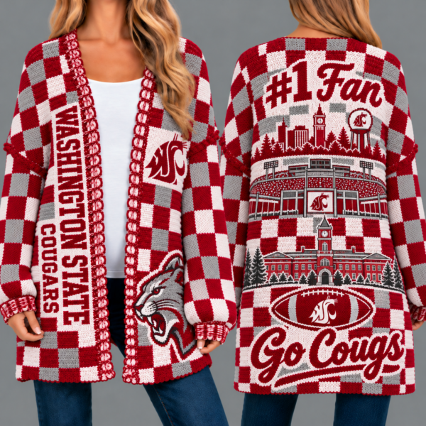 Washington State Cougars Football Checkered Knitted Cardigan