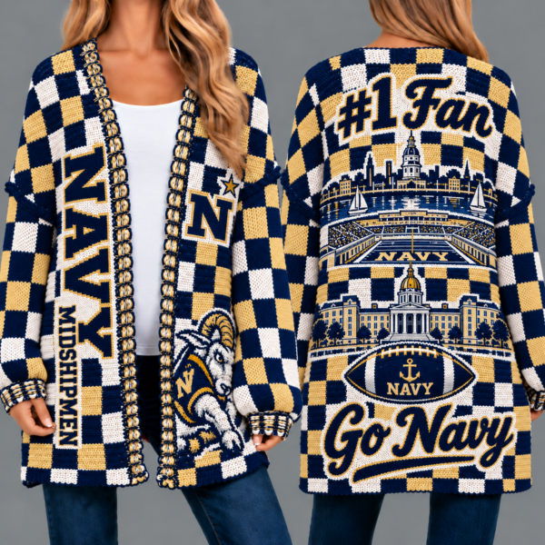 Navy Midshipmen Football Checkered Knitted Cardigan