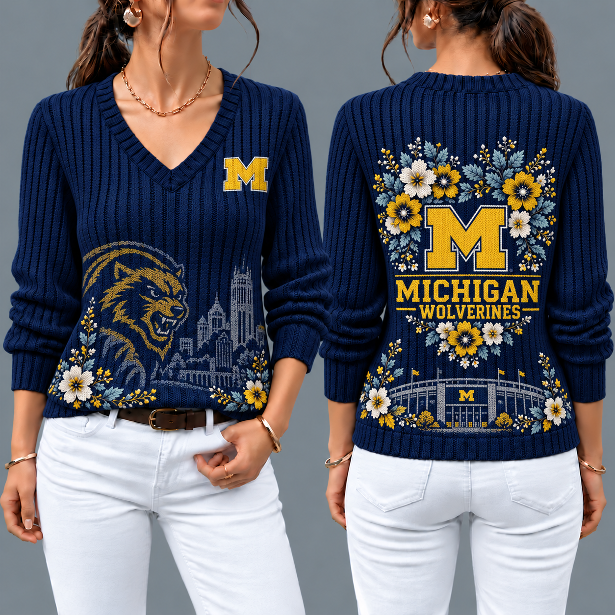 Michigan Wolverines Flower Women's V-neck Sweater