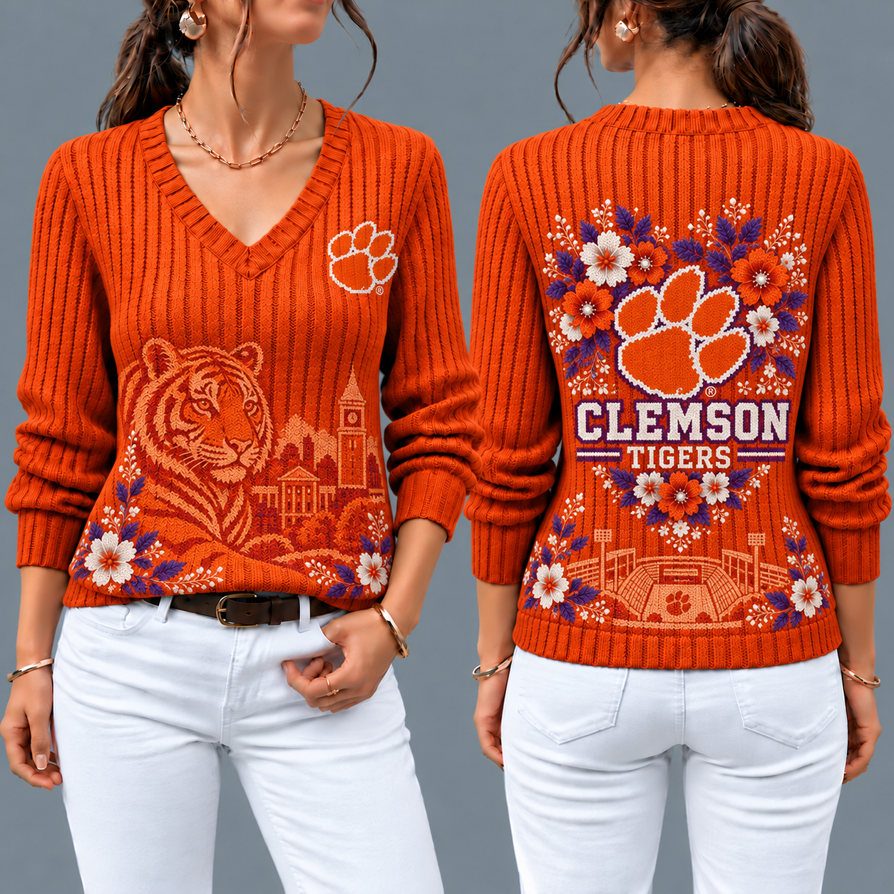 Clemson Tigers Flower Women's V-neck Sweater