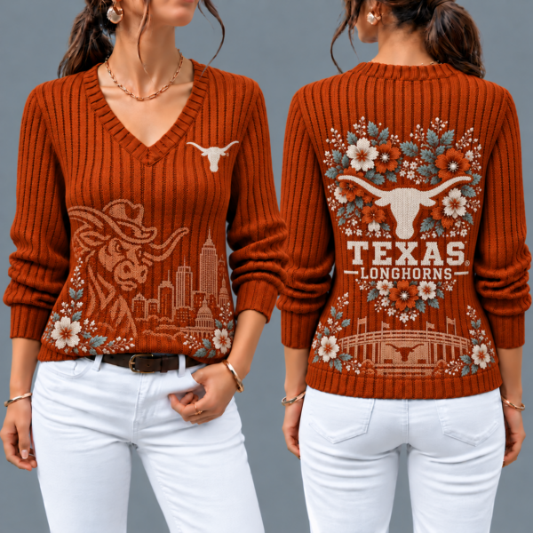 Texas Longhorns Flower Women's V-neck Sweater