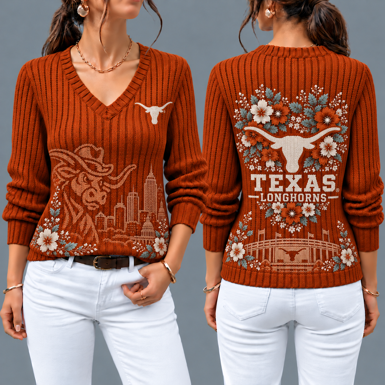 Texas Longhorns Flower Women's V-neck Sweater