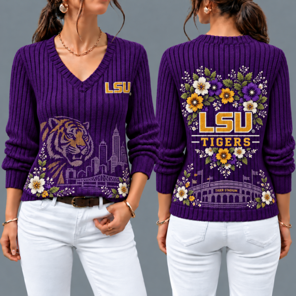 LSU Tigers Flower Women's V-neck Sweater