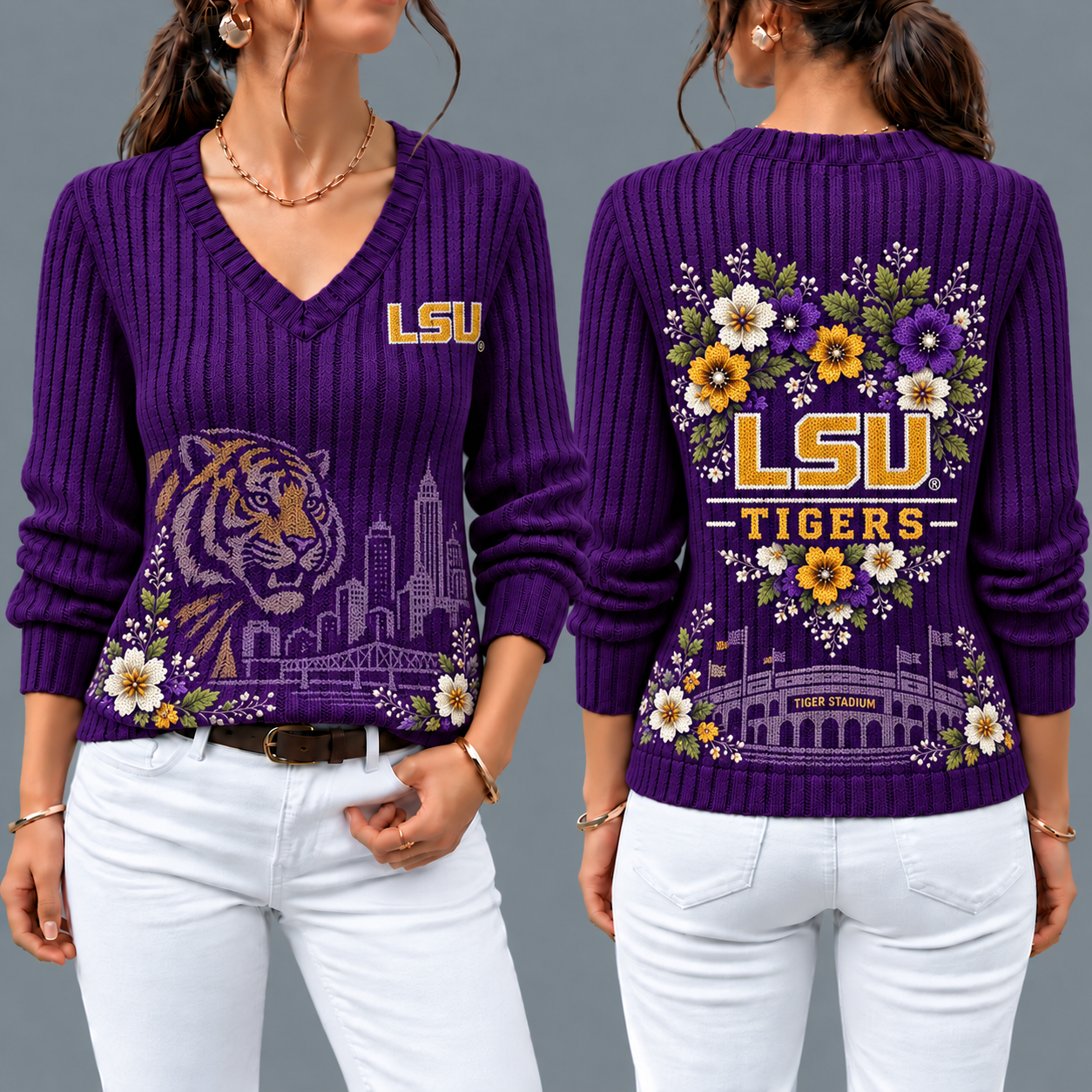 LSU Tigers Flower Women's V-neck Sweater