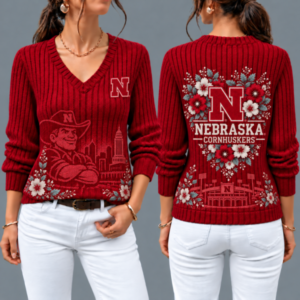 Nebraska Cornhuskers Flower Women's V-neck Sweater