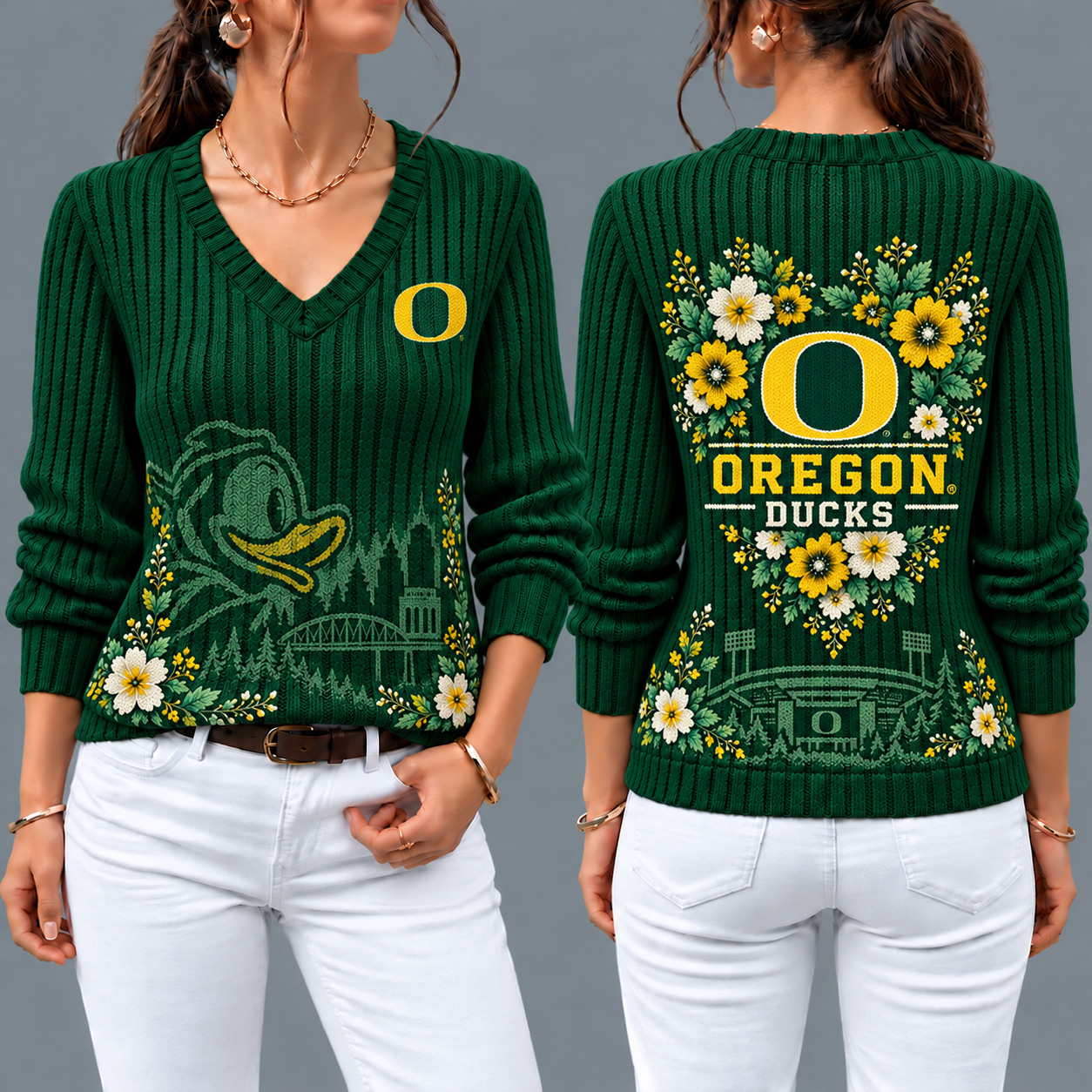 Oregon Ducks Flower Women's V-neck Sweater