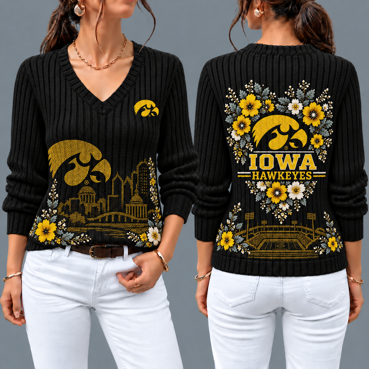 Iowa Hawkeyes Flower Women's V-neck Sweater