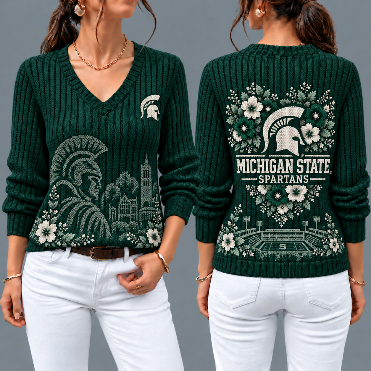 Michigan State Spartans Flower Women's V-neck Sweater