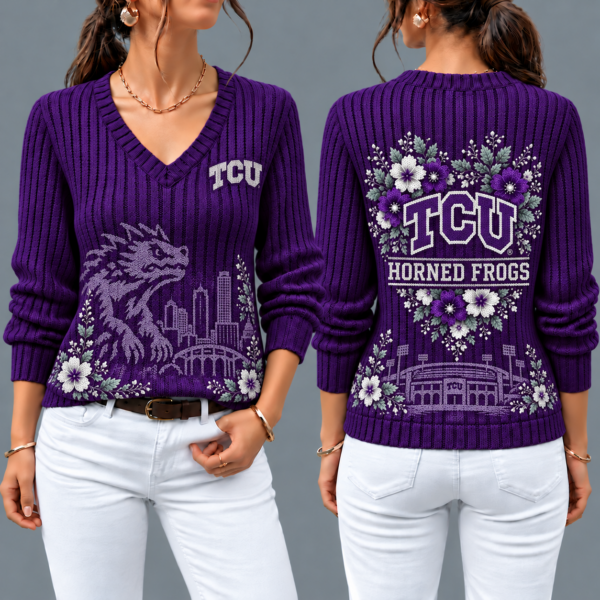 TCU Horned Frogs Flower Women's V-neck Sweater