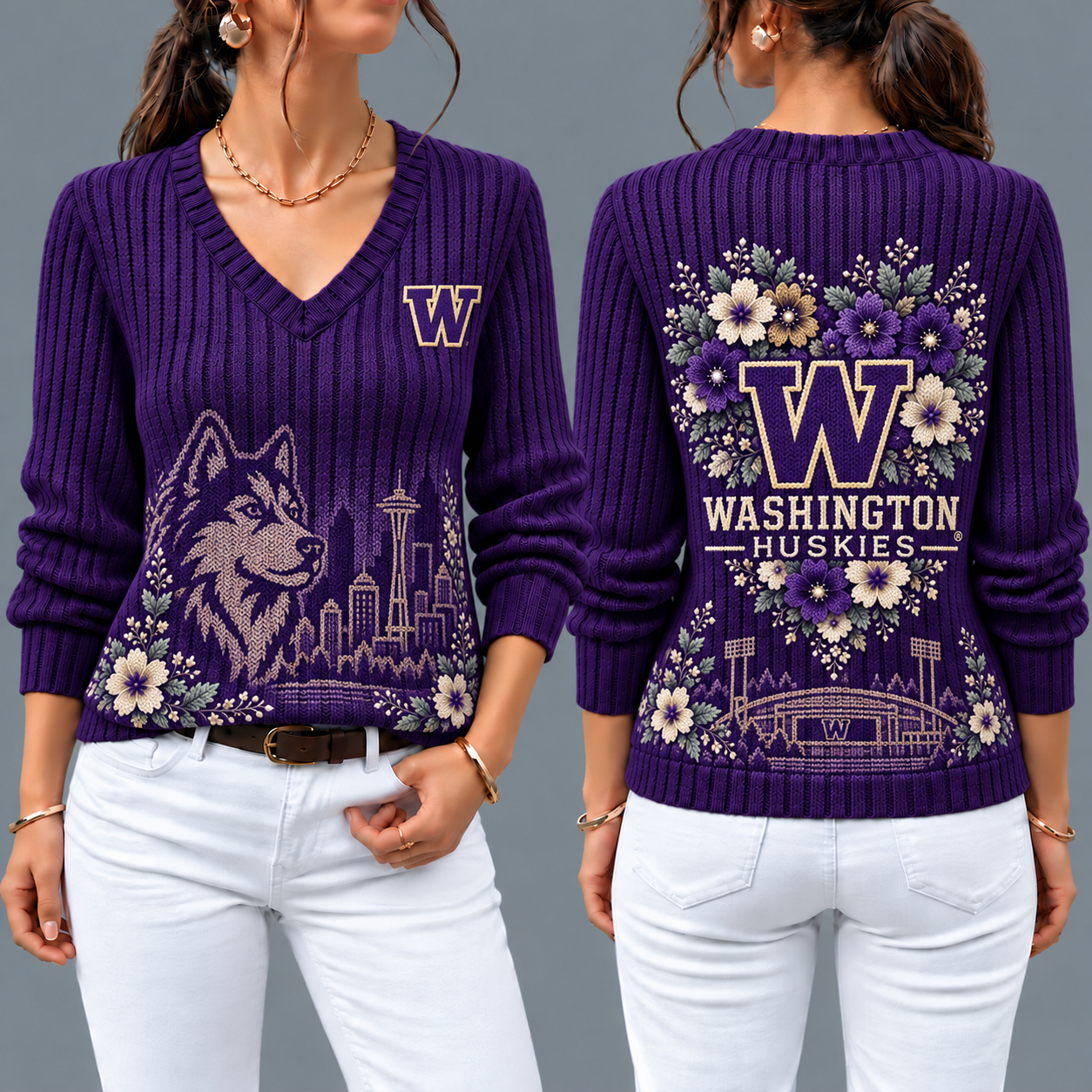 Washington Huskies Flower Women's V-neck Sweater