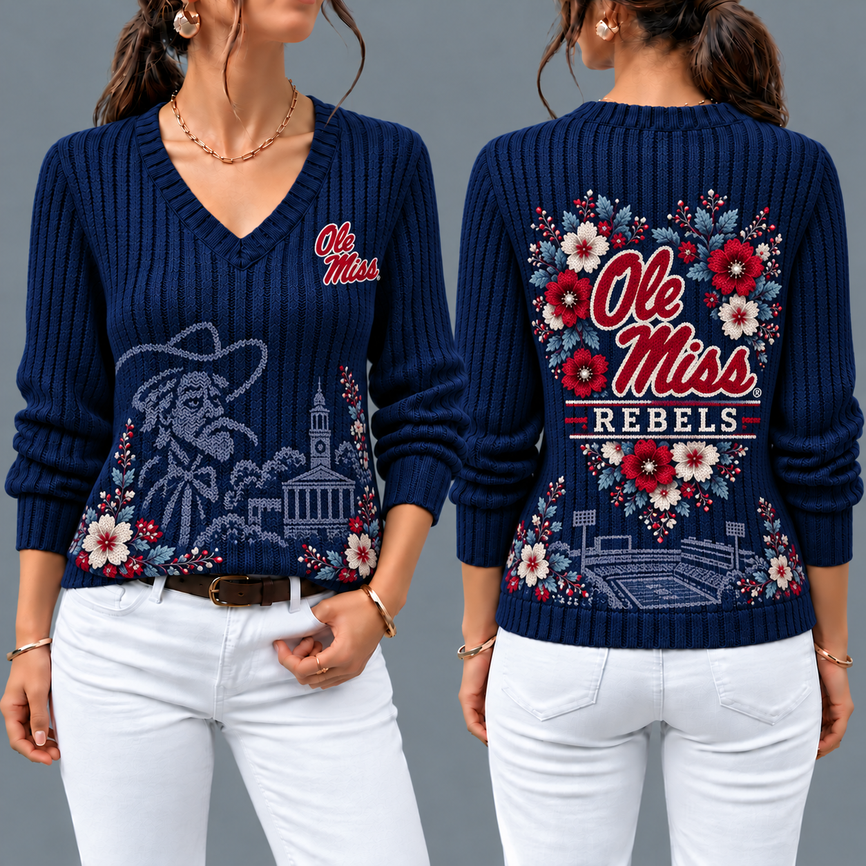 Ole Miss Rebels Flower Women's V-neck Sweater