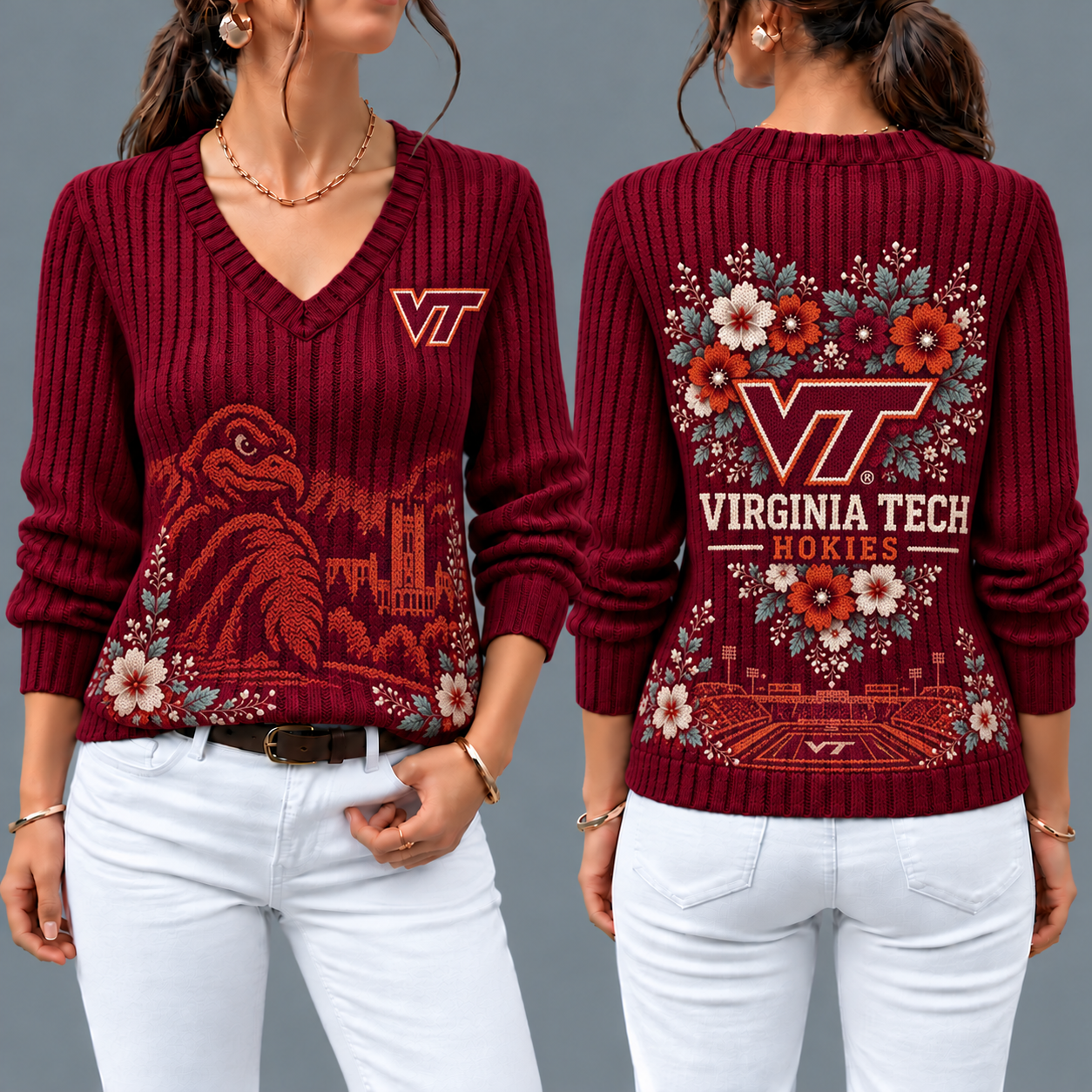 Virginia Tech Hokies Flower Women's V-neck Sweater