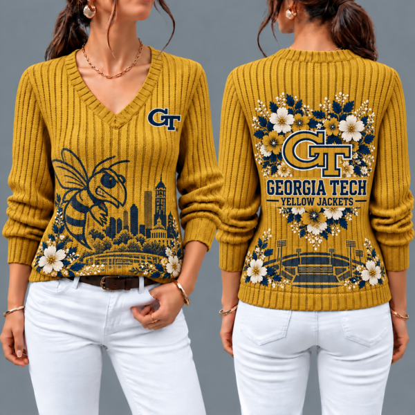 Georgia Tech Yellow Jackets Flower Women's V-neck Sweater