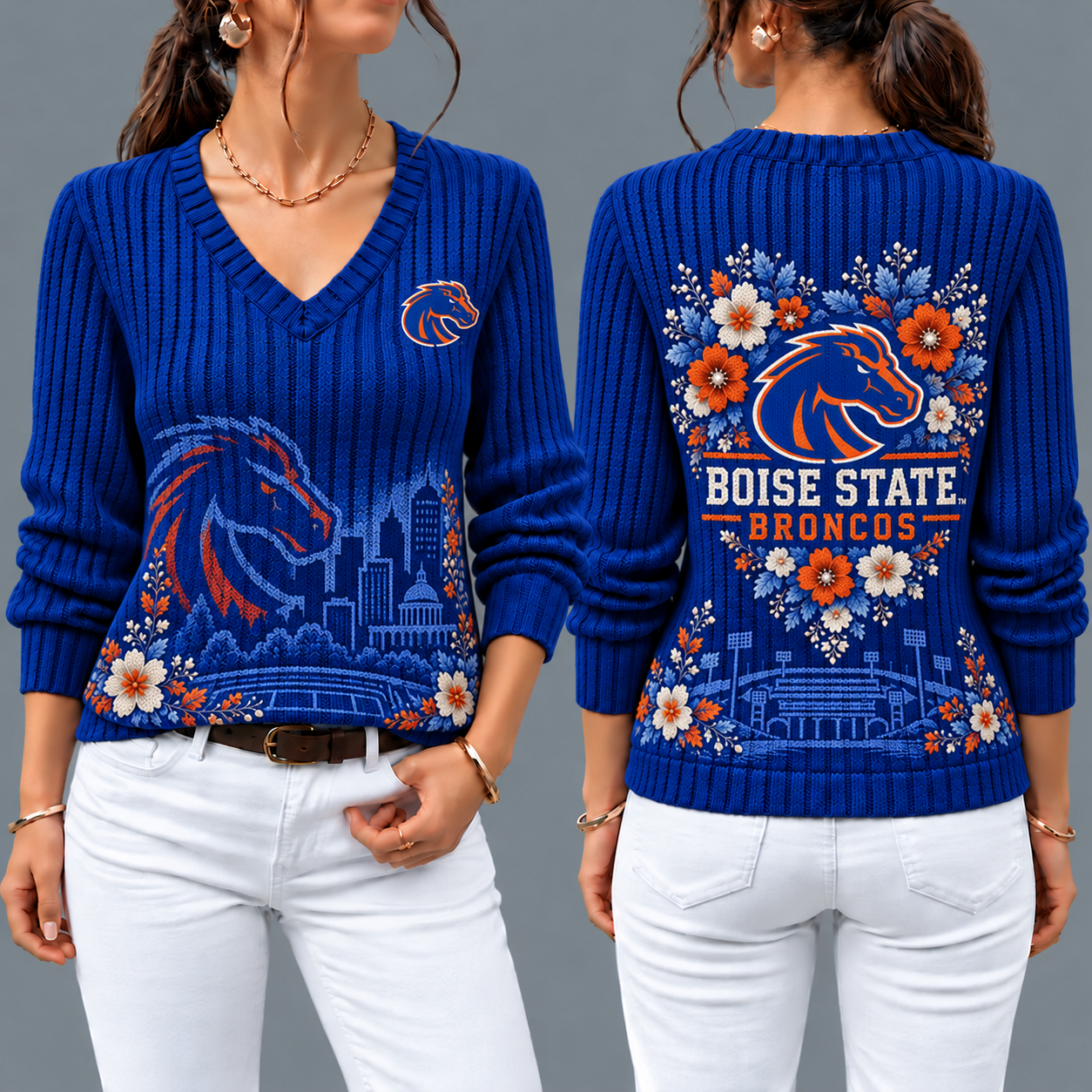 Boise State Broncos Flower Women's V-neck Sweater
