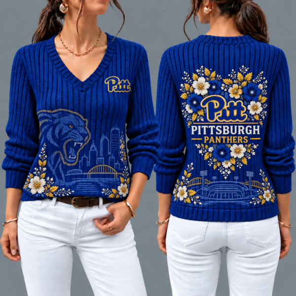 Pittsburgh Panthers Flower Women's V-neck Sweater
