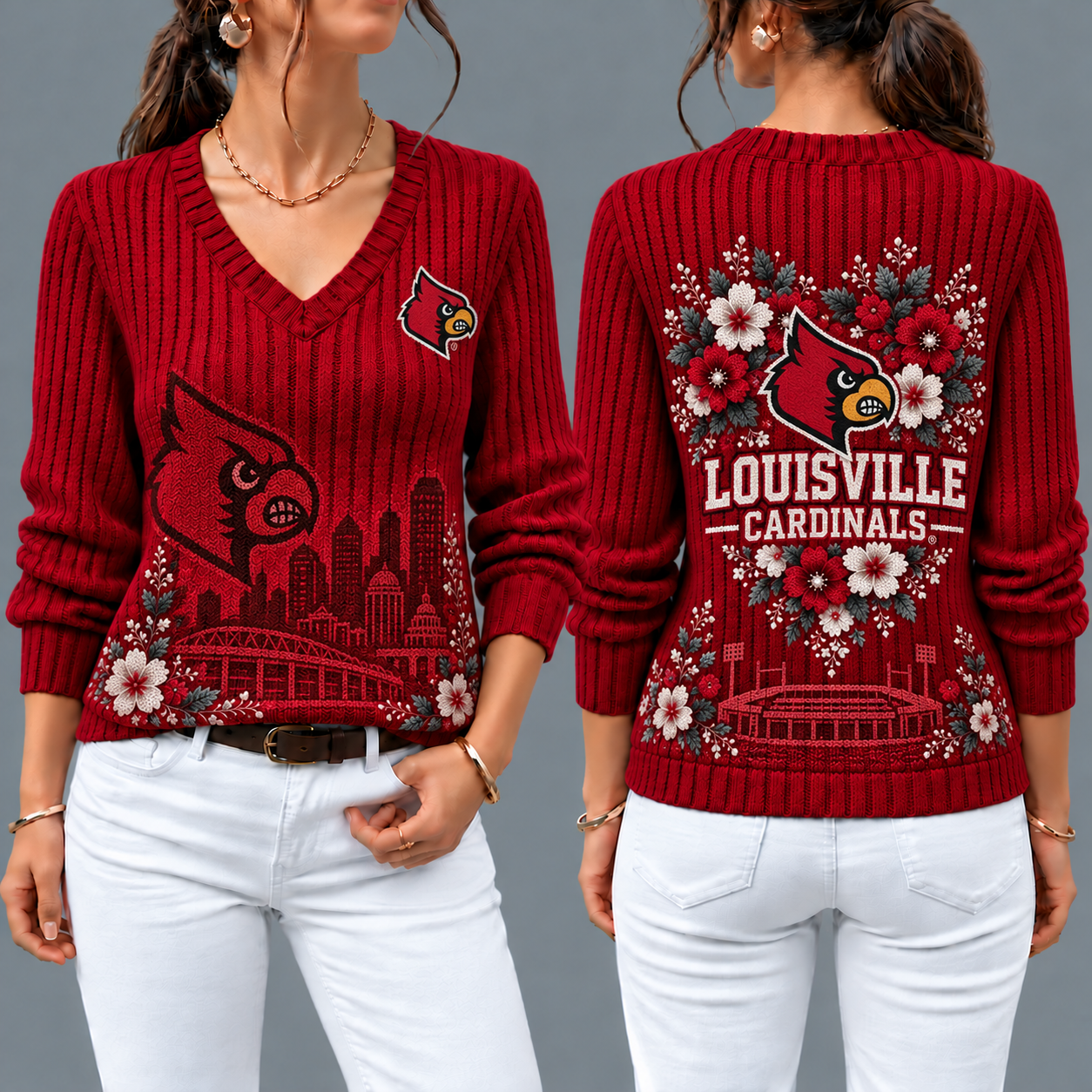 Louisville Cardinals Flower Women's V-neck Sweater