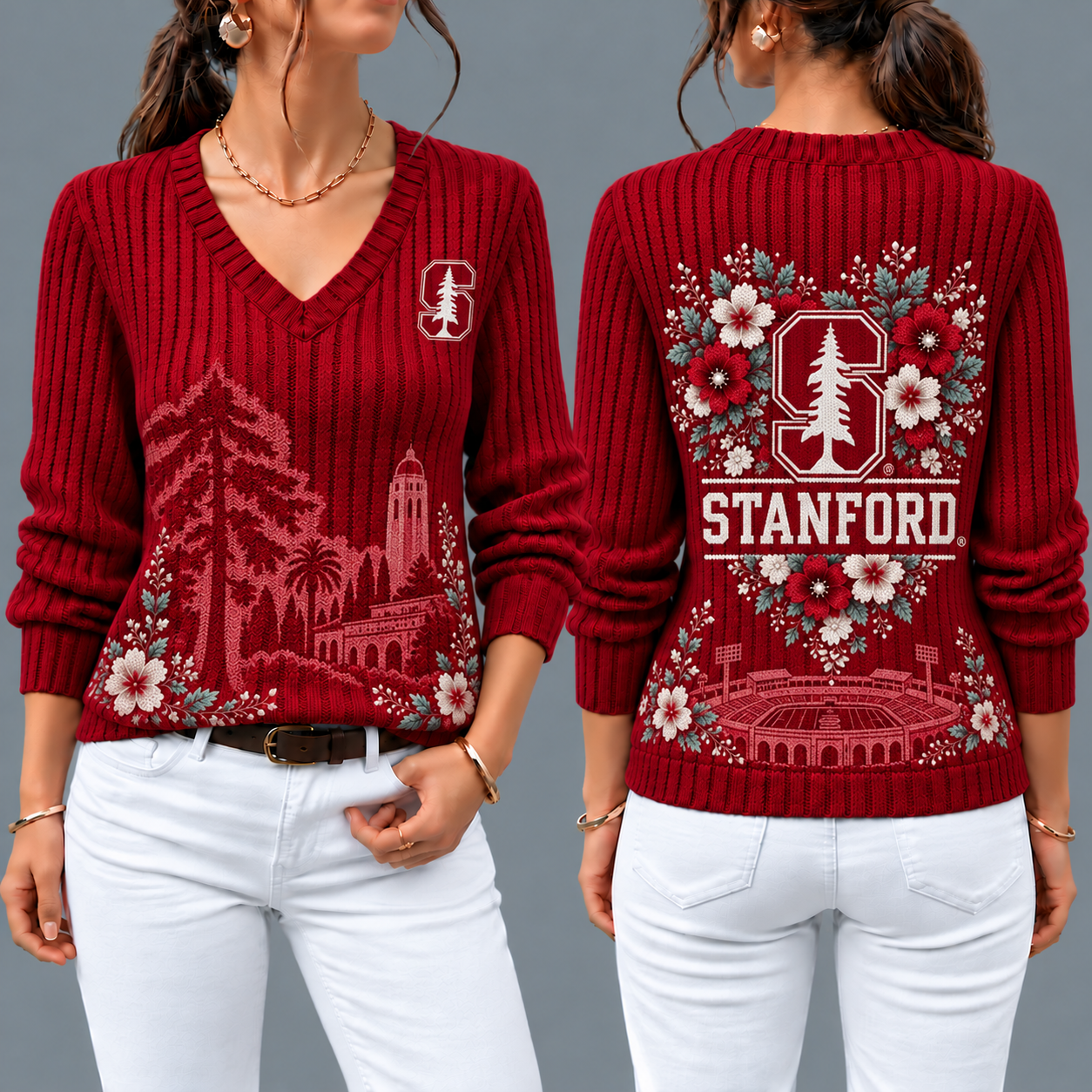Stanford Cardinal Flower Women's V-neck Sweater