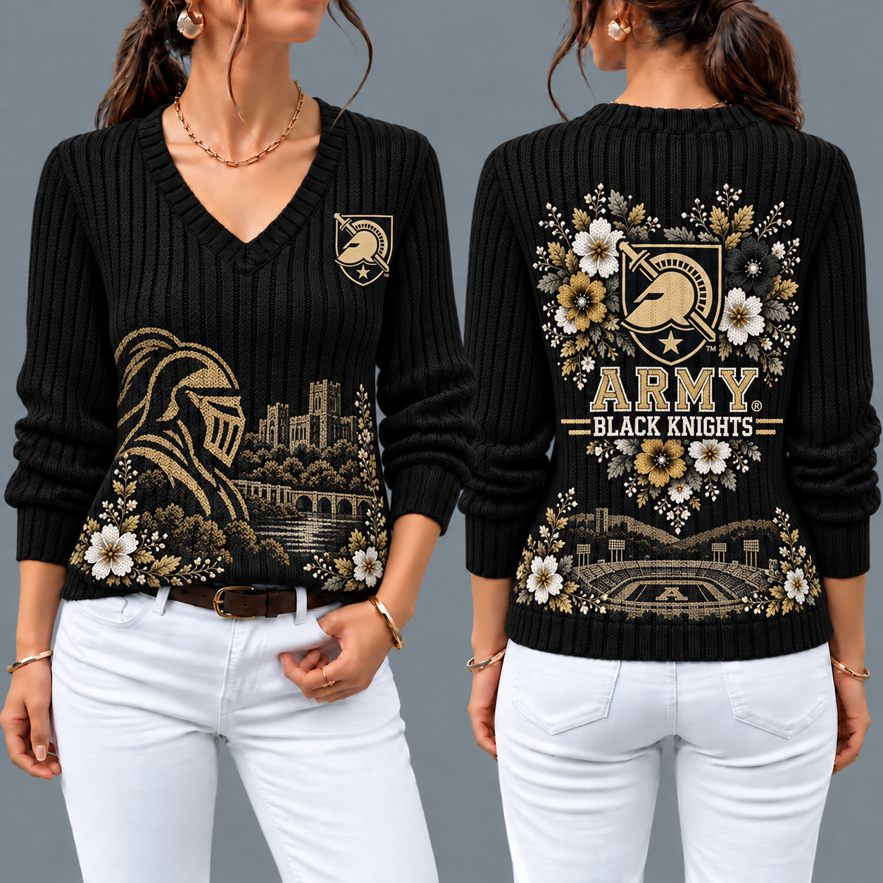 Army Black Knights Flower Women's V-neck Sweater