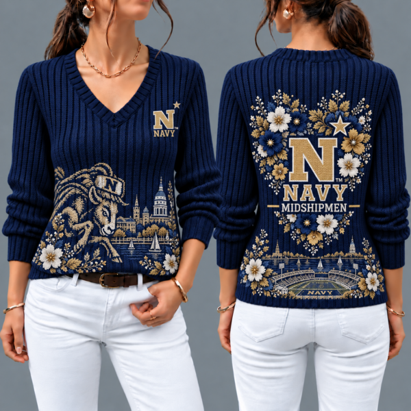 Navy Midshipmen Flower Women's V-neck Sweater